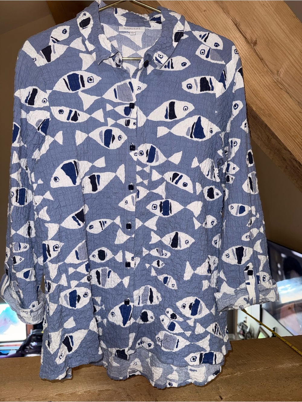 Habitat Blue and White Fish-Print Button Down Shirt